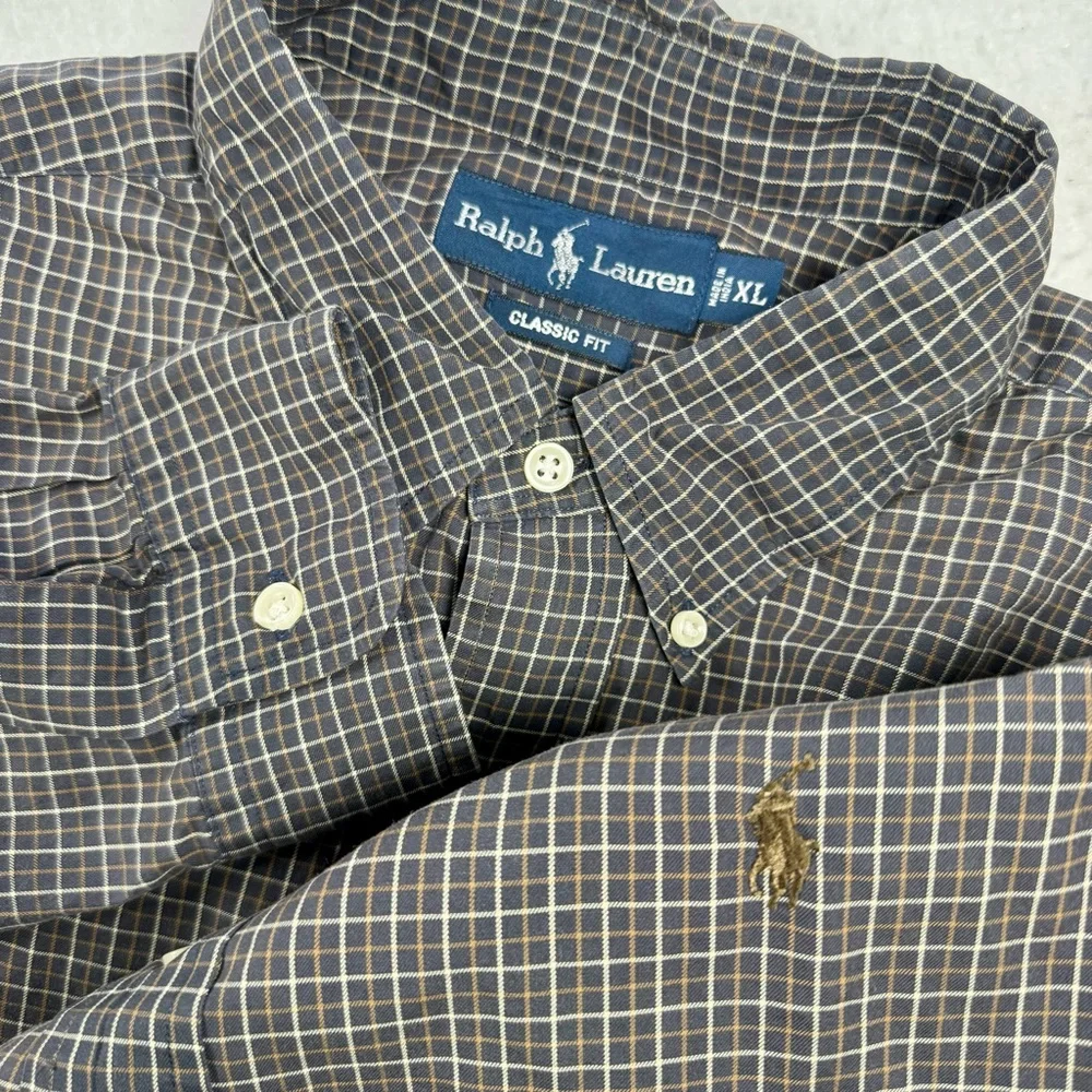 Ralph Lauren Classic Fit Brown Plaid Button Down Shirt Men’s XL Cotton